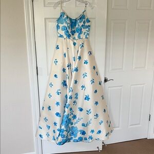 Angela & Alison Blue and White Floral Prom Dress